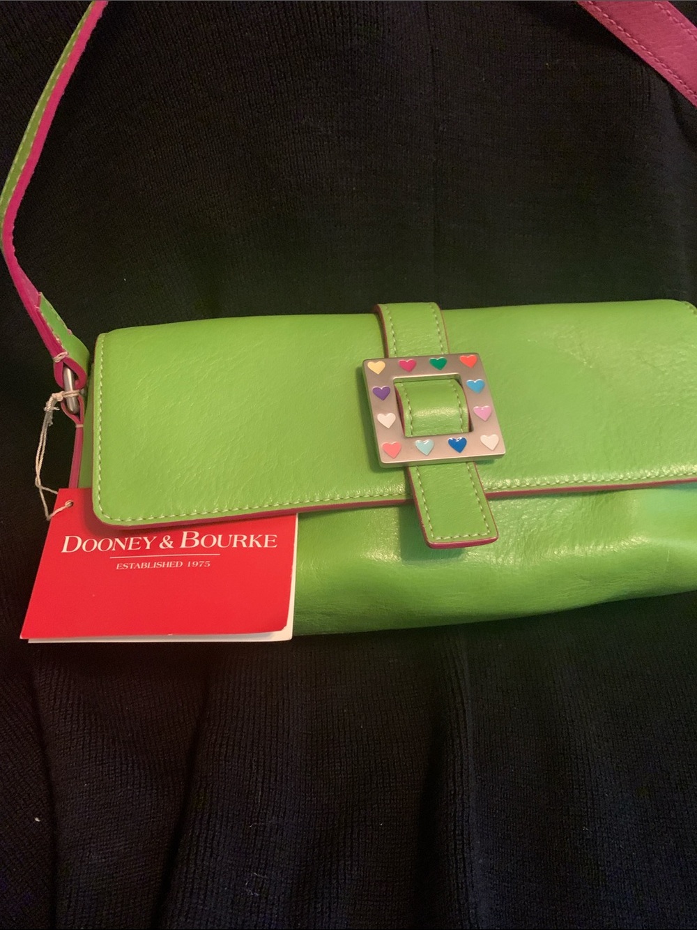 Dooney & Bourke Lime Green Leather Clutch with Multicolor Heart Buckle